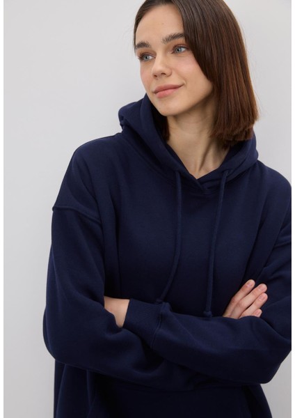 Kadın Oversize Navy Kapüşonlu Sweatshirt