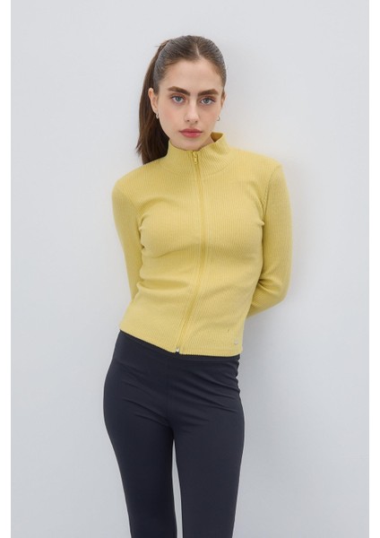 Kadın Sarı Renk Yarım Balıkçı Fermuarlı Crop Hırka