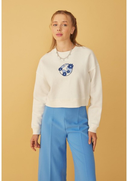 Kadın Önü Lacivert Nakışlı 3 Iplik Şardonlu Sweatshirt