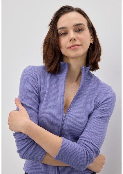 Kadın Mor Renk Yarım Balıkçı Fermuarlı Crop Hırka indirimleri