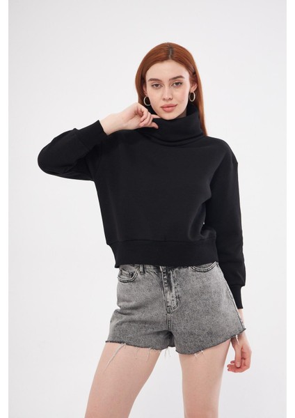 Kadın Siyah Balıkçı Yaka Sweatshirt modelleri