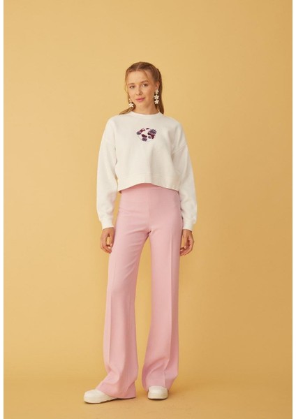 Kadın Önü Mor Nakışlı 3 Iplik Şardonlu Sweatshirt fırsatları