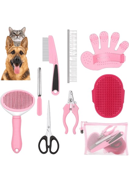 9 Parçalı Köpek Bakım Fırçası Ayırma Seti, Kendi Kendini Temizleyen Tırnak Tırmığı Köpek Fırçası Ayırma ve Pire Tarağı Tırnak Makası Renk: Pembe / Beden: M (Yurt Dışından)