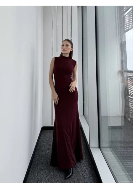 Kolsuz Yarım Bogazlı Uzun Elbise- Bordo