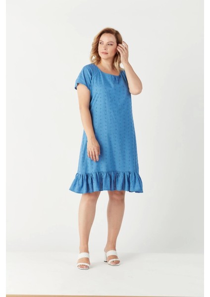 3209 Etek Ucu Fırfır Detaylı Fistolu Tam Kalıp Elbise Mavi