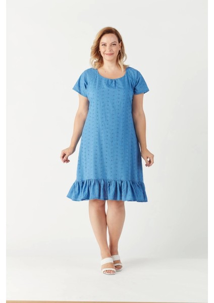 3209 Etek Ucu Fırfır Detaylı Fistolu Tam Kalıp Elbise Mavi fiyatları