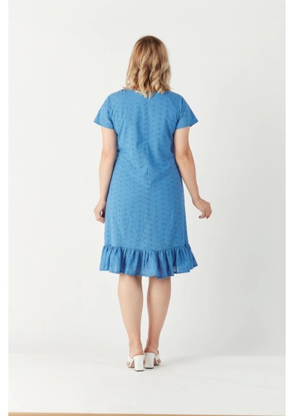 3209 Etek Ucu Fırfır Detaylı Fistolu Tam Kalıp Elbise Mavi modelleri