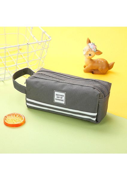 Gri Geniş Kapasiteli Çift Fermuarlı Kumaş Kalem Kutusu Okul ve Kolej Makyaj Çantası (Yurt Dışından)