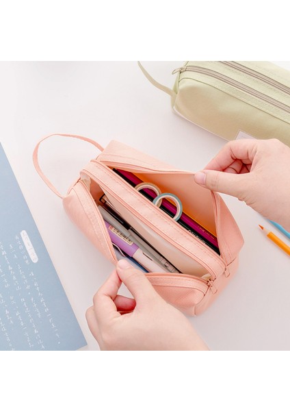 Gri Geniş Kapasiteli Çift Fermuarlı Kumaş Kalem Kutusu Okul ve Kolej Makyaj Çantası (Yurt Dışından) fırsatları