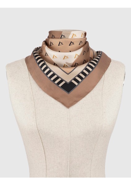 Hjo Kadın Eşarp Kahverengi Bej Krem İpek Twill