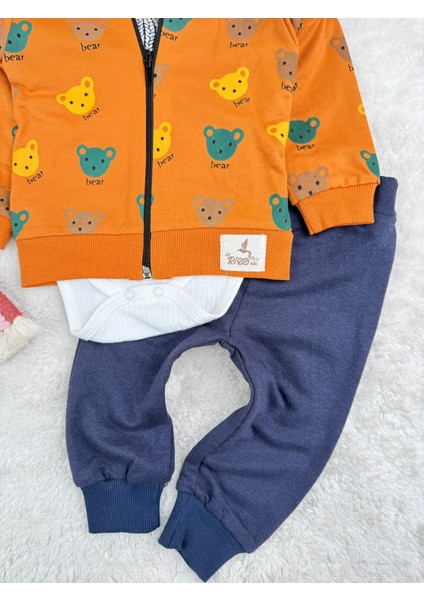 Ayılı Kapüşonlu Zıbın Badili 3'lü Erkek Bebek Takım