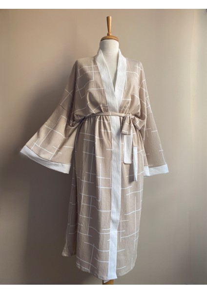 Unisex Bej Oversize Kimono - Kuşaklı, Uzun