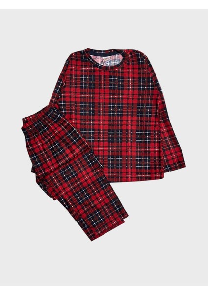 Kız Çocuk Pamuklu Süet Kumaş Kırmızı Ekose Desenli Uzun Kollu Pijama Takımı