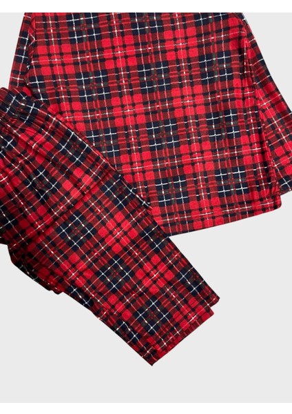 Kız Çocuk Pamuklu Süet Kumaş Kırmızı Ekose Desenli Uzun Kollu Pijama Takımı