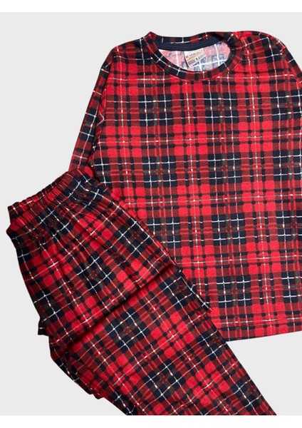 Kız Çocuk Pamuklu Süet Kumaş Kırmızı Ekose Desenli Uzun Kollu Pijama Takımı