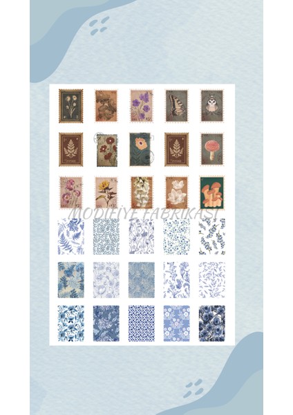 Uv Baskılı Blue Vintage Çiçek Temalı Pul Sticker Planner Ajanda Bullet Journal Için Uygundur