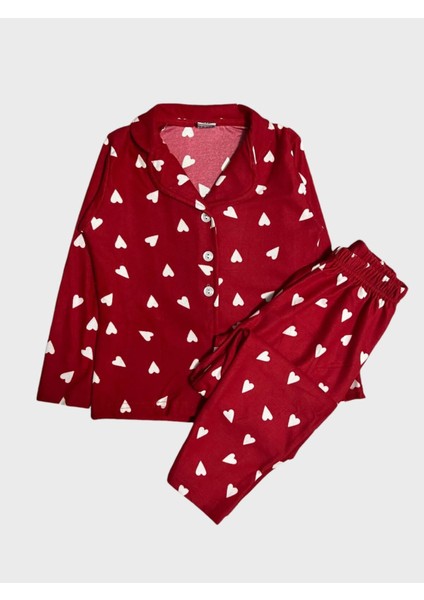 Kız Çocuk Pamuklu Süet Kumaş Kırmızı Kalp Desenli Gömlek Yaka Düğmeli Uzun Kollu Pijama Takımı