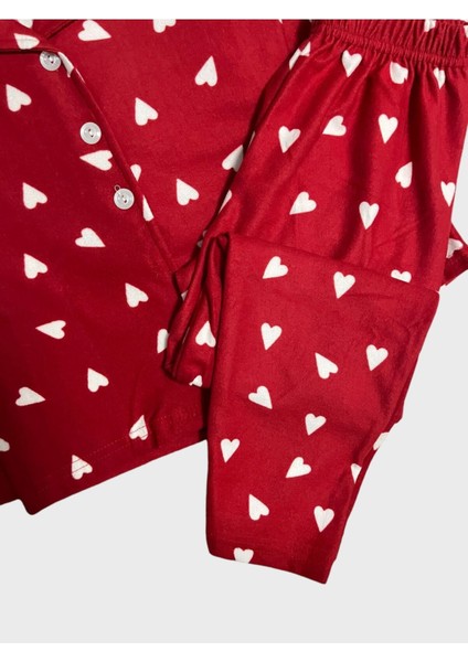 Kız Çocuk Pamuklu Süet Kumaş Kırmızı Kalp Desenli Gömlek Yaka Düğmeli Uzun Kollu Pijama Takımı