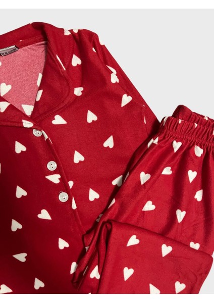 Kız Çocuk Pamuklu Süet Kumaş Kırmızı Kalp Desenli Gömlek Yaka Düğmeli Uzun Kollu Pijama Takımı