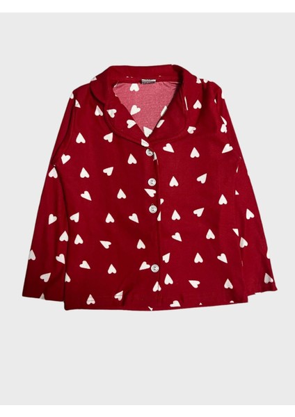 Kız Çocuk Pamuklu Süet Kumaş Kırmızı Kalp Desenli Gömlek Yaka Düğmeli Uzun Kollu Pijama Takımı