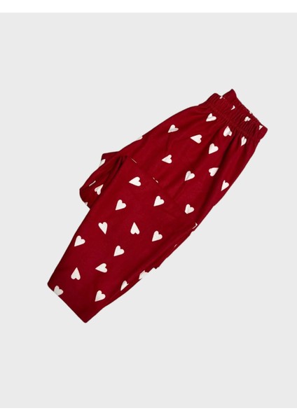 Kız Çocuk Pamuklu Süet Kumaş Kırmızı Kalp Desenli Gömlek Yaka Düğmeli Uzun Kollu Pijama Takımı