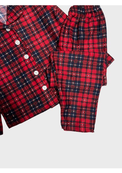 Kız Çocuk Pamuklu Süet Kumaş Kırmızı Ekose Desenli Gömlek Yaka Düğmeli Uzun Kollu Pijama Takımı