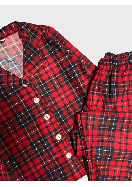Kız Çocuk Pamuklu Süet Kumaş Kırmızı Ekose Desenli Gömlek Yaka Düğmeli Uzun Kollu Pijama Takımı