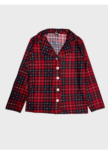 Kız Çocuk Pamuklu Süet Kumaş Kırmızı Ekose Desenli Gömlek Yaka Düğmeli Uzun Kollu Pijama Takımı