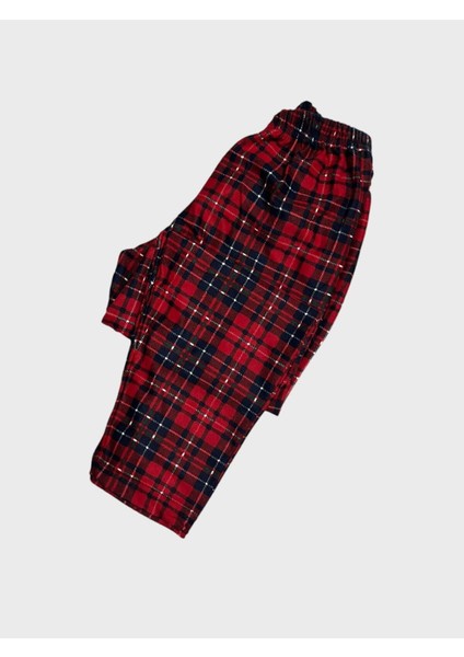Kız Çocuk Pamuklu Süet Kumaş Kırmızı Ekose Desenli Gömlek Yaka Düğmeli Uzun Kollu Pijama Takımı