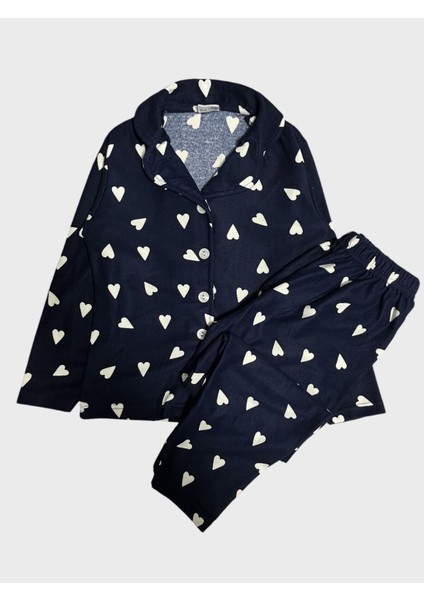 Kız Çocuk Pamuklu Süet Kumaş Lacivert Kalp Desenli Gömlek Yaka Düğmeli Uzun Kollu Pijama Takımı
