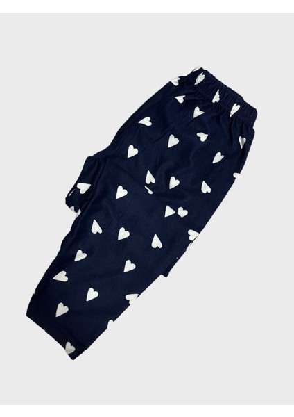 Kız Çocuk Pamuklu Süet Kumaş Lacivert Kalp Desenli Gömlek Yaka Düğmeli Uzun Kollu Pijama Takımı