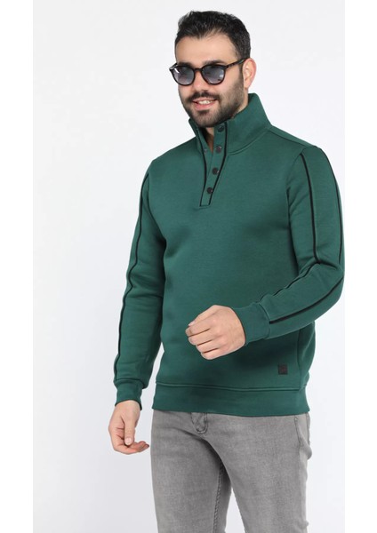 Erkek Yarım Düğmeli Üç Iplik Şardonlu Sweatshirt