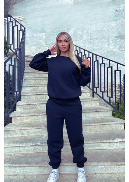 Kadın Trend Model Jogger Paçası Lastikli Bisiklet Yaka Hoodie Eşofman Takımı