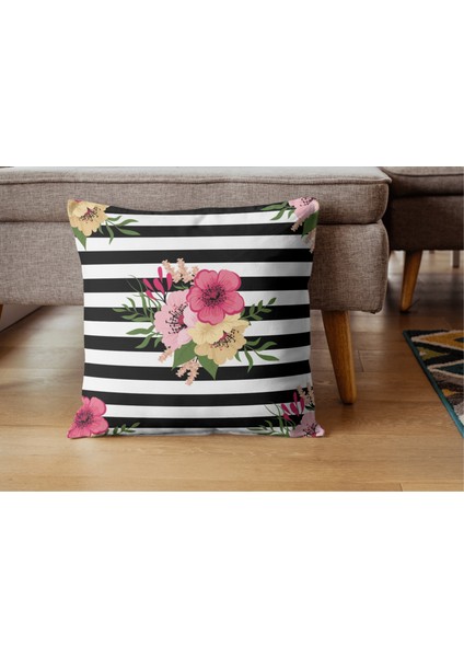 Athıra Çizgili Çiçek Desenli Dijital Baskı Rachel Kumaş 45 x 45 Kırlent Kılıfı 1 Adet