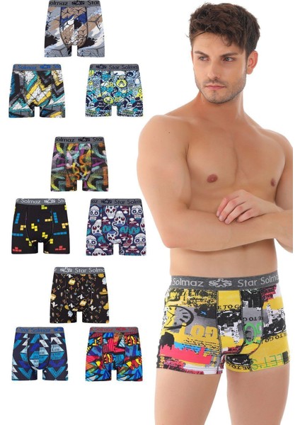 Erkekler Için Büyük Beden 10`lu Desenli Likralı Pamuklu Penye Boxer