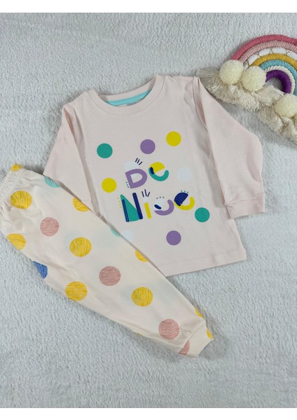 Puantiye Desen Pudra Kız Çocuk Pijama Takım