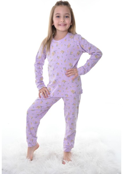 Çiçek Desenli Fitilli Lila Çocuk Pijama Takımı