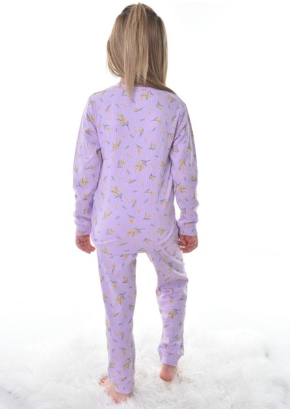 Çiçek Desenli Fitilli Lila Çocuk Pijama Takımı modelleri