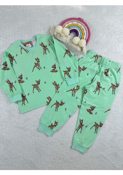 Bambi Desen Su Yeşili Kız Çocuk Pijama Takım