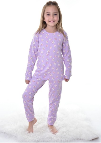 Çiçek Desenli Lila Fitilli Çocuk Pijama Takımı