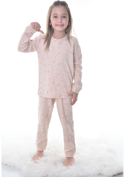 Çiçek Desenli Bej Fitilli Çocuk Pijama Takımı