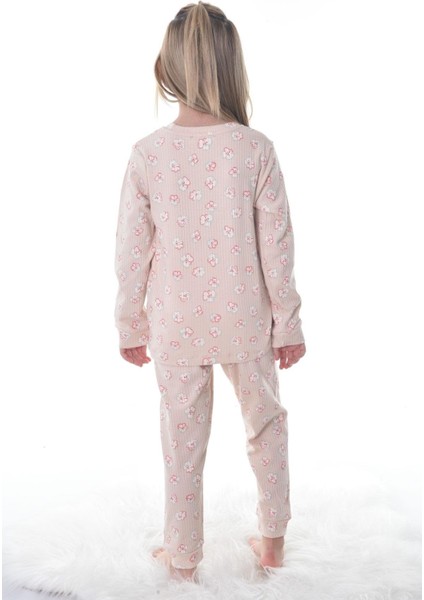 Çiçek Desenli Bej Fitilli Çocuk Pijama Takımı modelleri