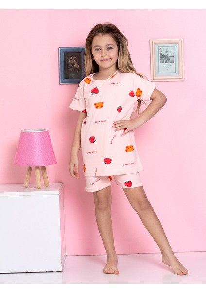 Çilek Desenli Fitilli Kumaş Pembe Şortlu Pijama Takımı