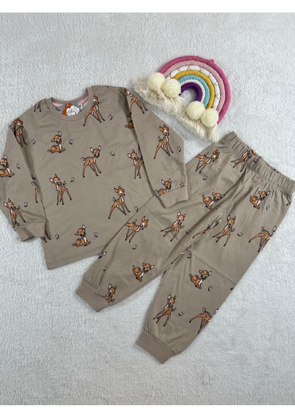Bambi Desen Bej Kız Çocuk Pijama Takım