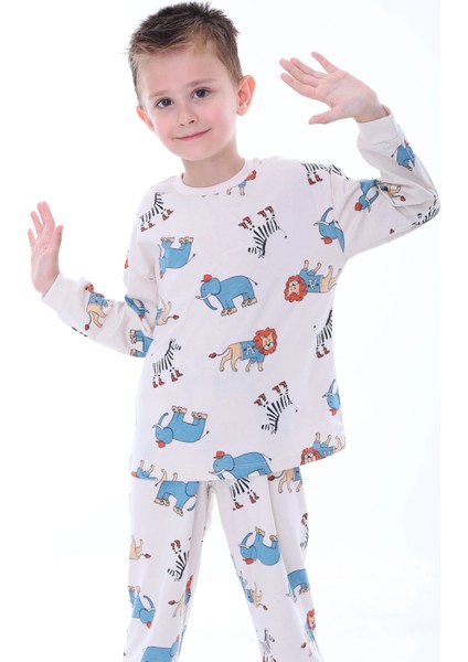 Hayvan Desenli Krem Renk Çocuk Pijama Takımı