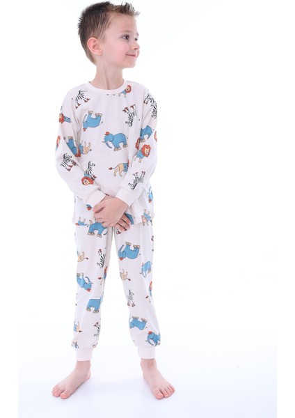 Hayvan Desenli Krem Renk Çocuk Pijama Takımı