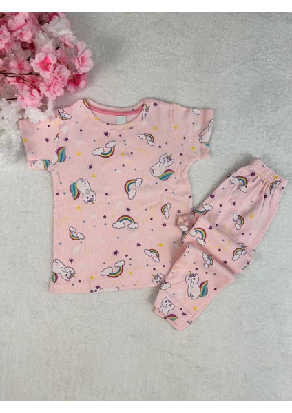 Kedicik Desenli Fitilli Kumaş Pembe Pijama Takımı