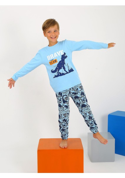 Dinozor Desen Koyu Mavi Pamuklu Erkek Çocuk Pijama Takım