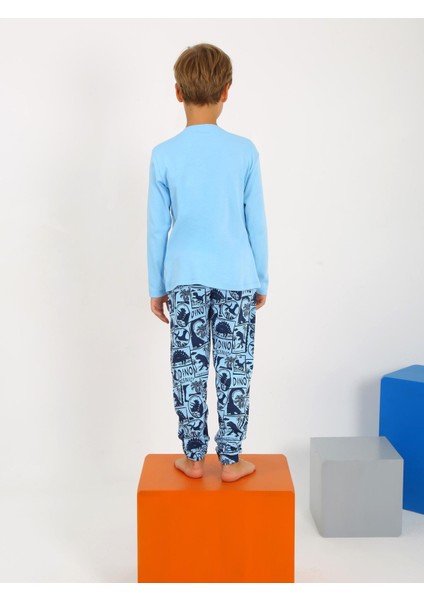 Dinozor Desen Koyu Mavi Pamuklu Erkek Çocuk Pijama Takım