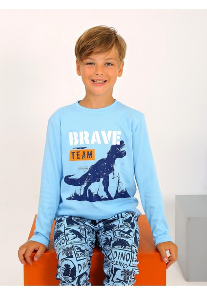 Dinozor Desen Koyu Mavi Pamuklu Erkek Çocuk Pijama Takım